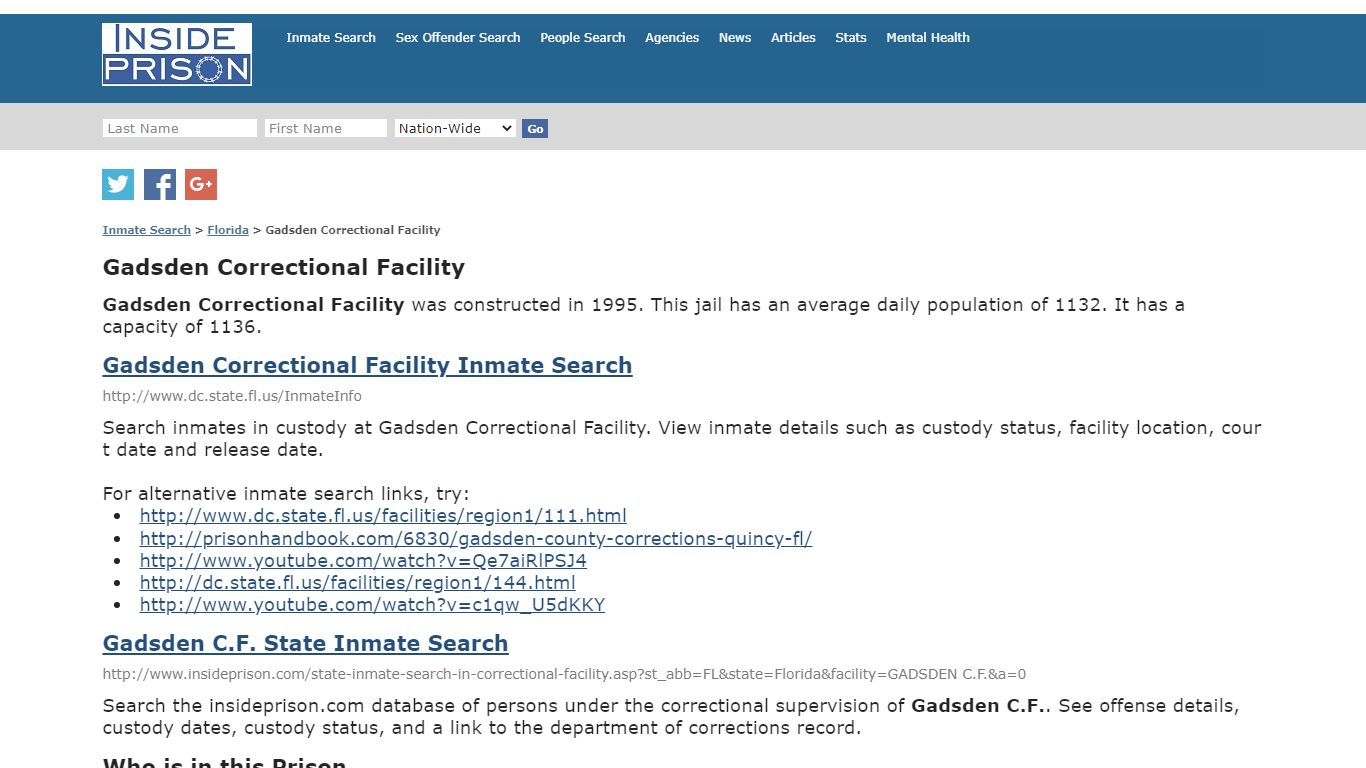 Gadsden Correctional Facility - Florida - Inmate Search